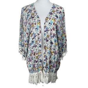 Kori America Women's Cardigan Open Kimono M/L Open Front Floral Fringe Boho